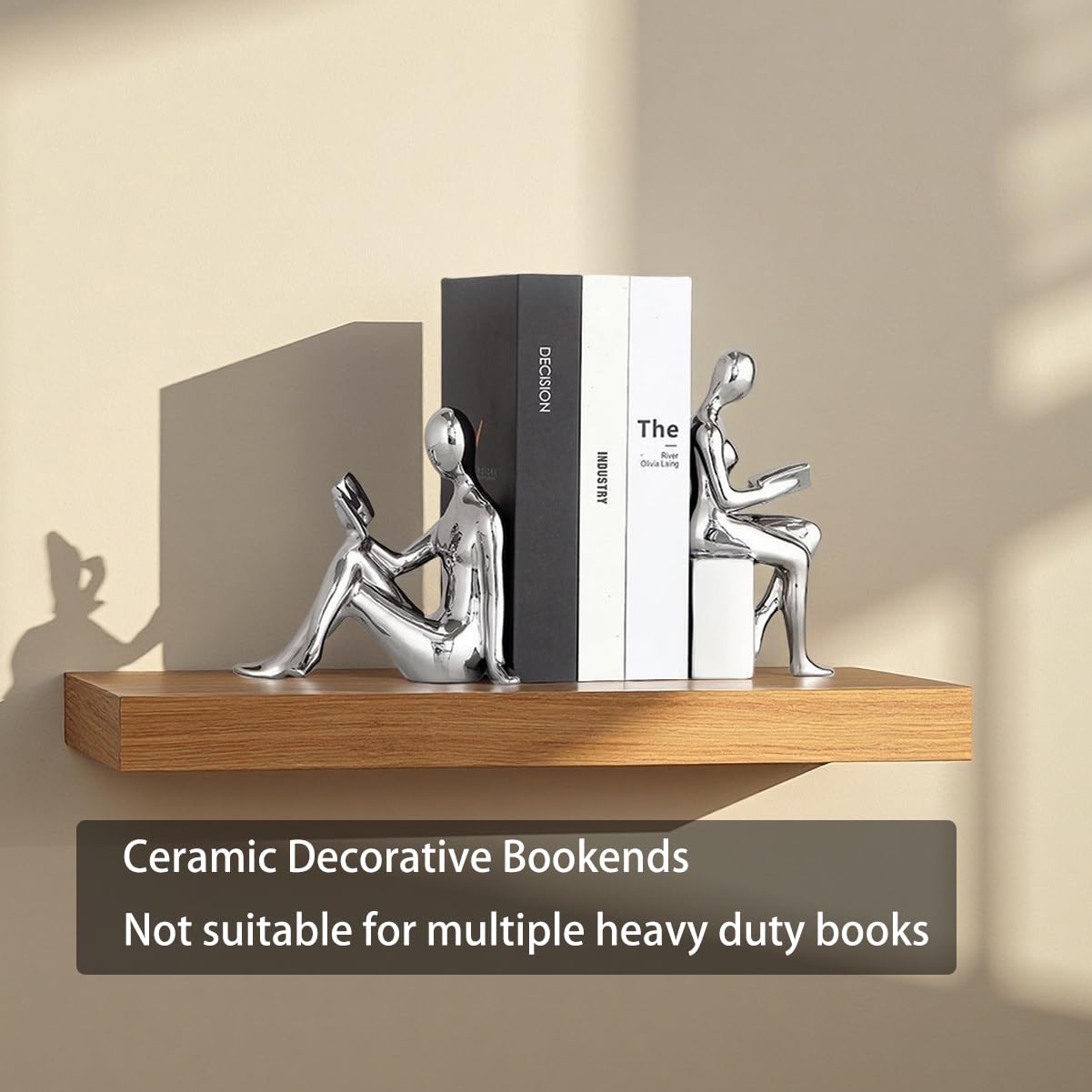 Decorative Bookends, Ceramic Book Ends for Shelves, Home Office Decor Aesthetic Book Stopper Reading Book Holders Statues for Bookshelf Bedroom Living Room Decoration (Silver)