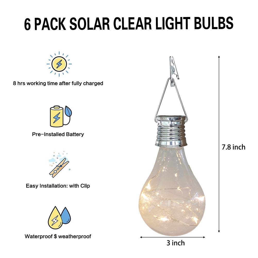Solar Light Bulbs Outdoor Waterproof Garden Camping Hanging LED Light Lamp Bulb Globe Hanging Lights for Home Yard Christmas Party Holiday Decorations (6 Pack-Clear Bulbs)