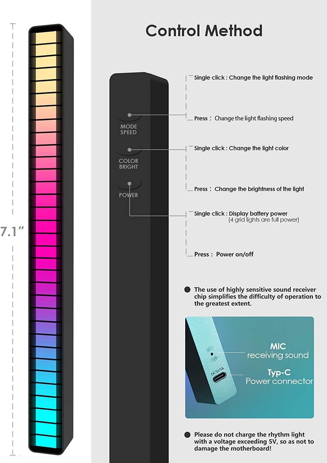 Soulpunk RGB Rechargeable Sound Control Light, Voice-Activated Pickup Music Rhythm Lights, Ambient Light, for Car, Gaming Room Decorations（4Pack）