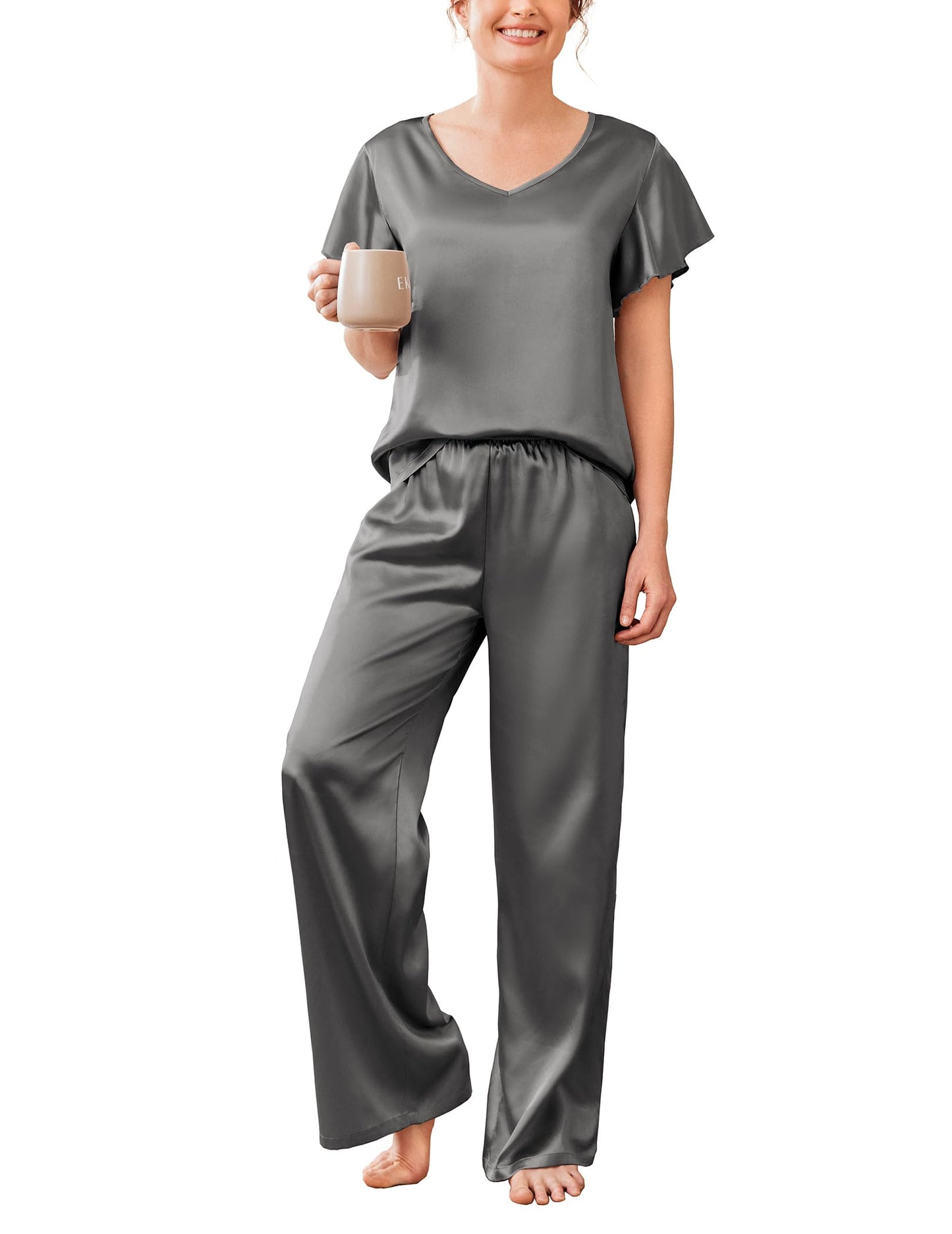 Ekouaer Women's Satin Silky Pajama Set 2 Piece Short Sleeve Shirt with Long Pants Pjs Sets Soft PJ Loungewear S-XXL