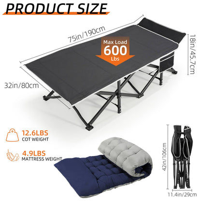 Fragess Portable Camping Cot, 32" Extra Wide Camping Cots for Everyone with Thick Cushion, Heavy Duty Sleeping Cot Holds Up to 600LBS, Cots for Sleeping, Rv, Beach, Patio, Office Naps(Blue)