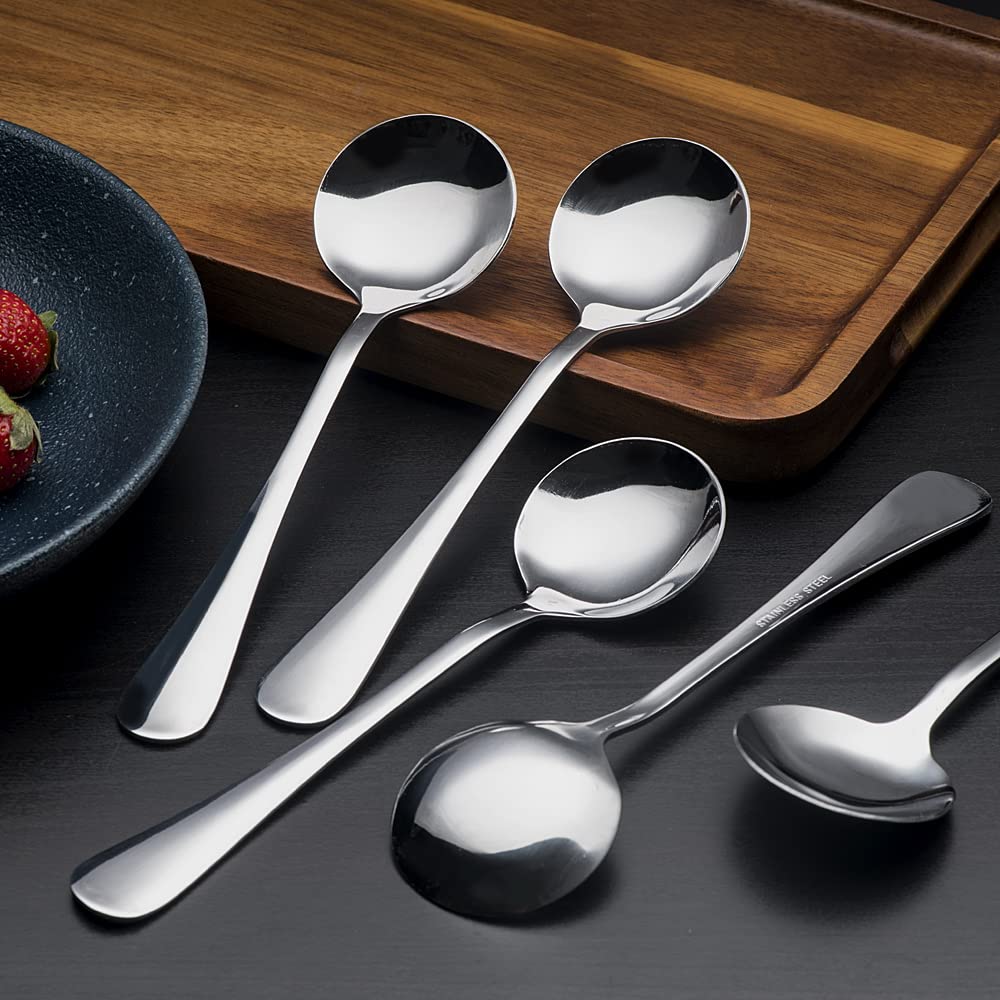 HAPPY KIT Soup Spoons Set 12 Pcs Premium Stainless Steel Round Spoons Heavy-Weight Durable Flatware Set