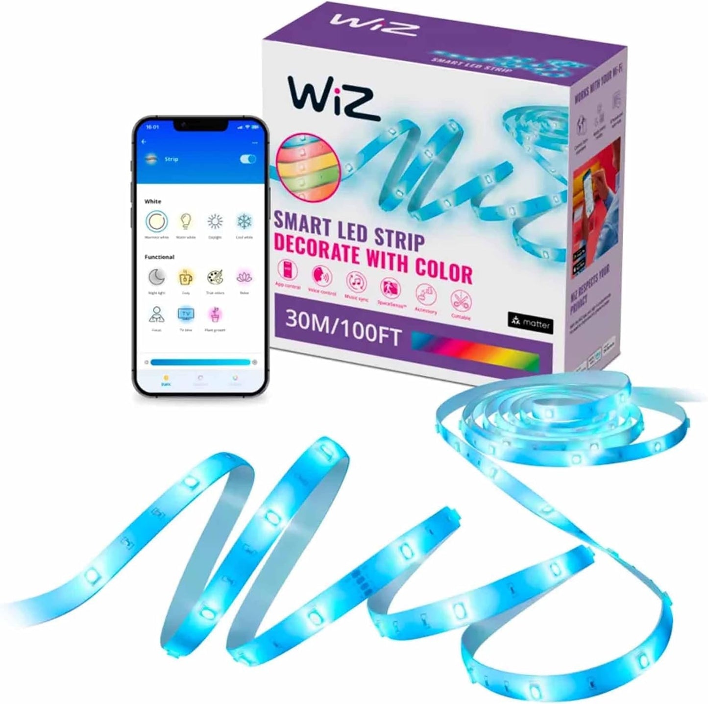 WiZ LED Smart Light Strip - Sunset to Sunrise Automation + Preset Light Modes + Control with Voice or App, Full Color RGB, Works with Alexa, Google Home, and HomeKit - 100 ft Cut to Fit