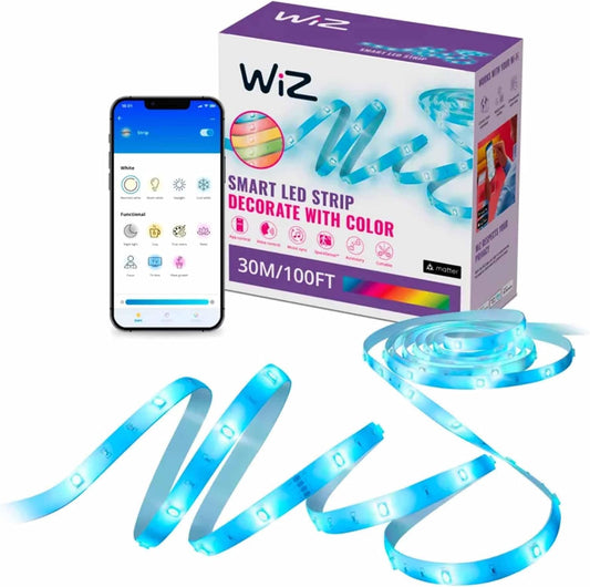 WiZ LED Smart Light Strip - Sunset to Sunrise Automation + Preset Light Modes + Control with Voice or App, Full Color RGB, Works with Alexa, Google Home, and HomeKit - 100 ft Cut to Fit