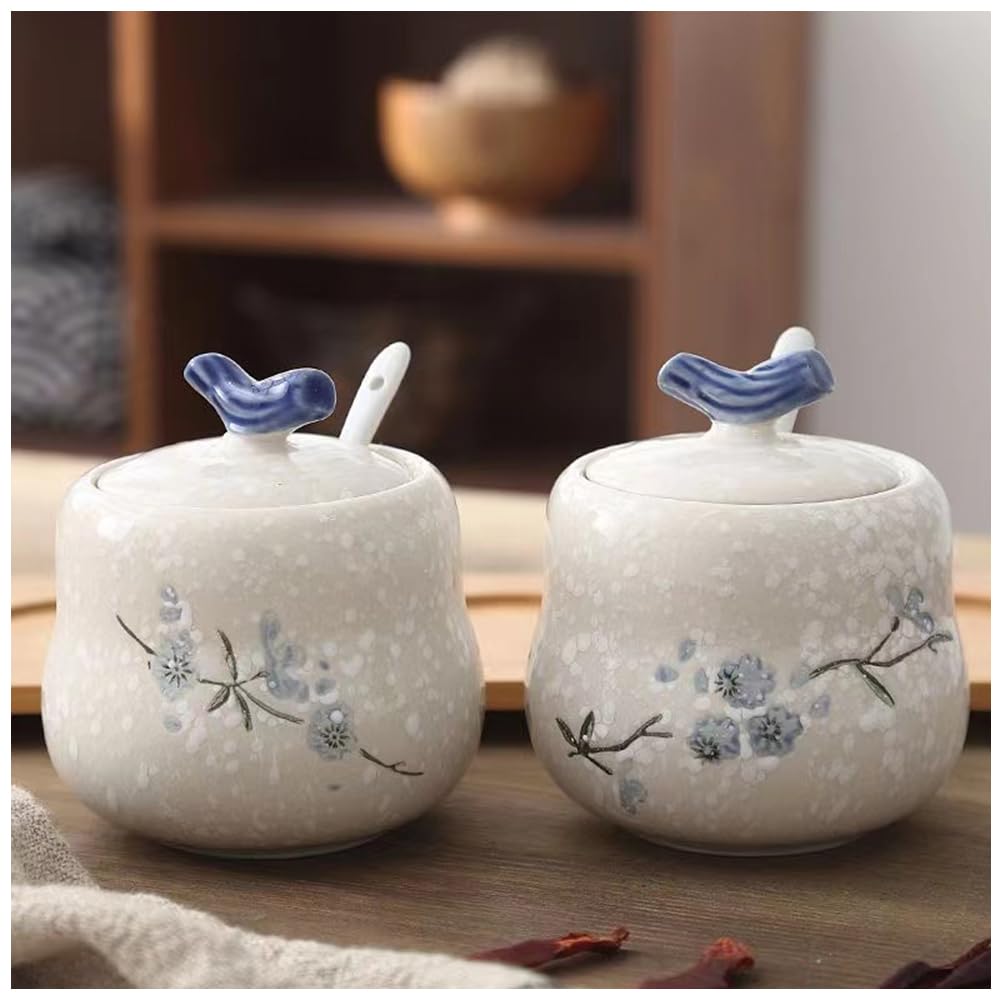 YMYL Ceramic Sugar Bowl with Lid and Spoon Set of 2, 13.5oz Porcelain Condiment Pots Salt Bowl Sugar Jar Seasoning Jars Set for Kitchen, Dishwasher Safe
