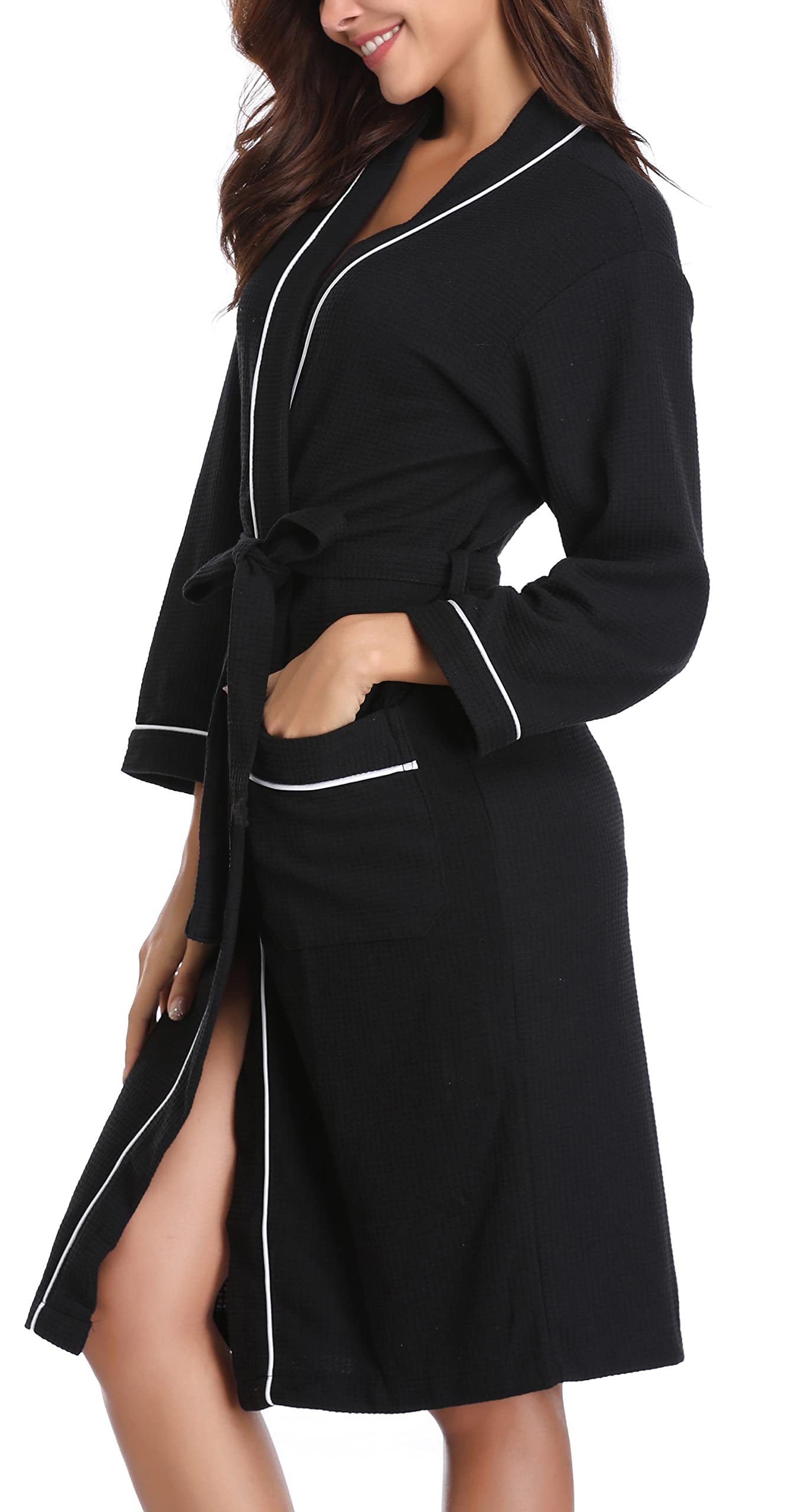 Vlazom Waffle Dressing Gowns Unisex Kimono Robe Cotton Lightweight Bathrobe for All Seasons Spa Hotel Sleepwear, Black-style a, L