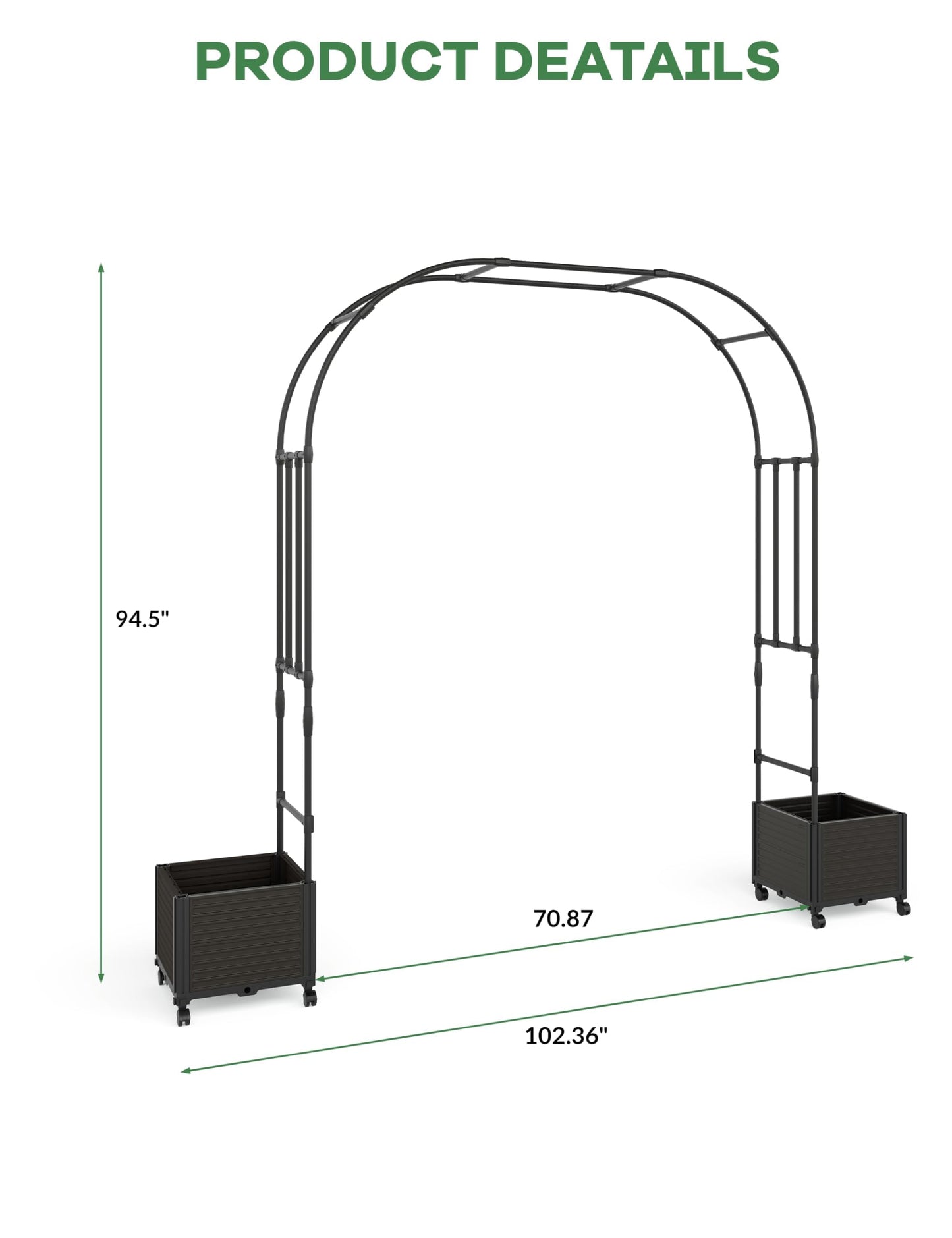 4.5 Inch Garden Arch Trellis with Planter Boxes & Wheels, PP & Steel Outdoor Archway for Climbing Plants, Adjustable Span Wedding Arch Decor for Garden, Patio, Balcony
