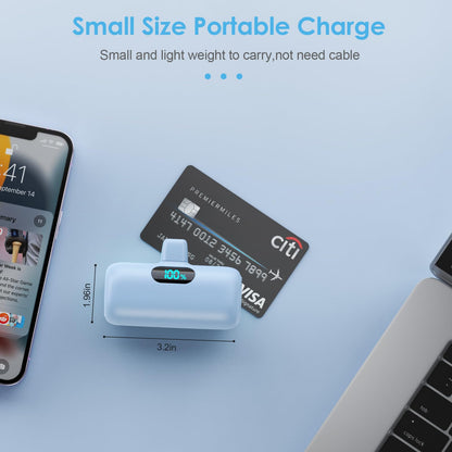 Mini Portable Charger USB C Power Bank,Upgraded 5000mAh PD Fast Charging Battery Pack Built-in USB-C Connector,LCD Display,Compatible with iPhone16,16 Plus,16Pro/Max/15,iPad Pro/Air,Android Phone etc
