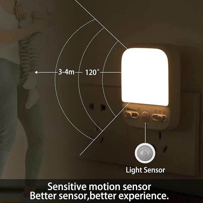 LED Night Light Plug into Walls, Plug-in, Dusk to Dawn Motion Sensor with 4 Lighting Modes, Brightness Adjustable Warm White, Energy Efficient, Ideal Nightlight for Elderly, Baby, Kids (2 Pack)