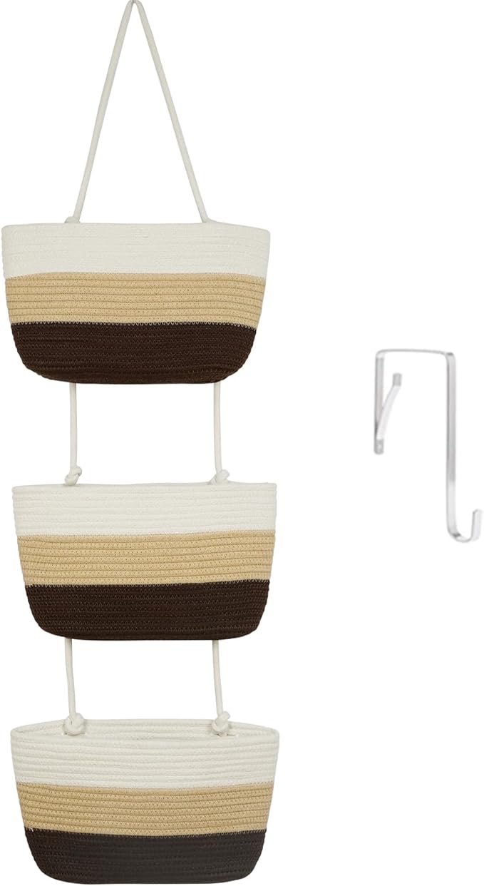 TeoKJ Over the Door Hanging Baskets, 3-Tier Woven Cotton Storage Organizer Bag
