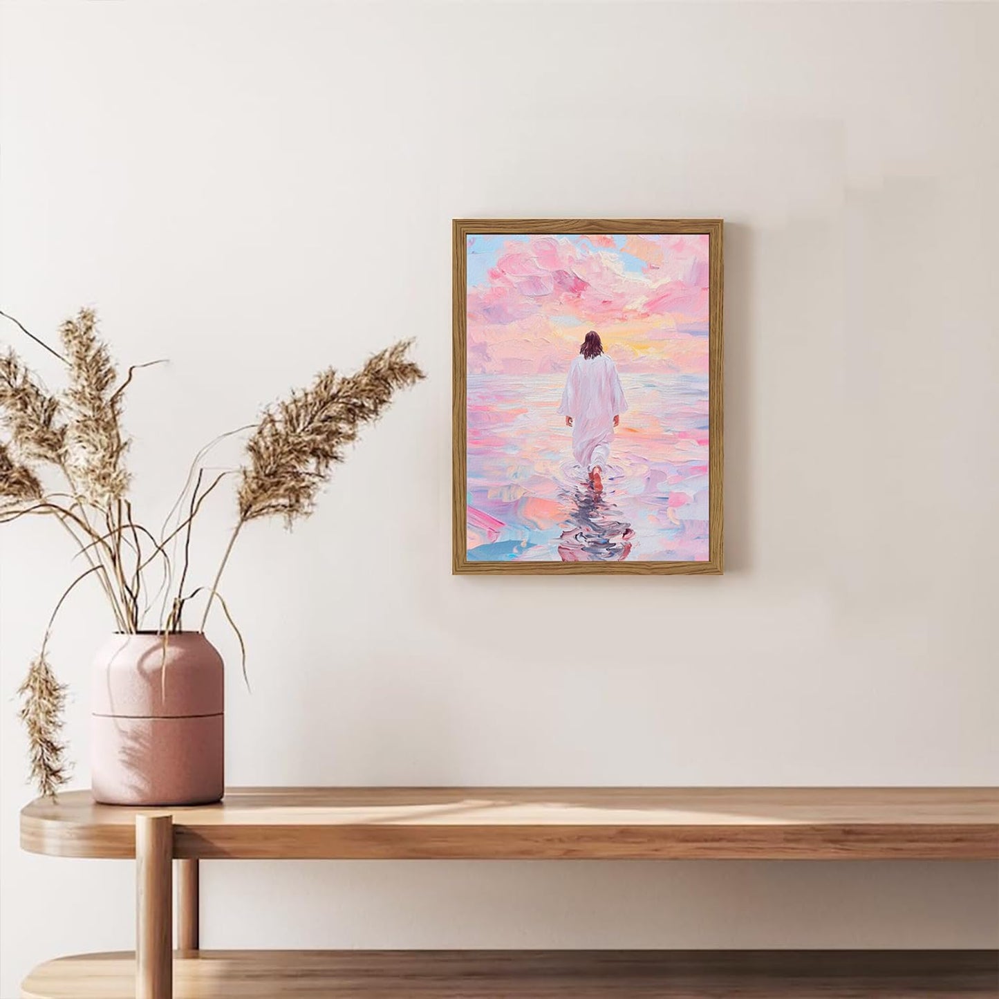 Pink Jesus Walking On Water Wall Art, Frame 3D Textured Hand Drawn Sandstone Christian Wall Decor Paintings Religious Savior Pictures for Living Prayer Room Bedroom, 12x16 in Wood Framed