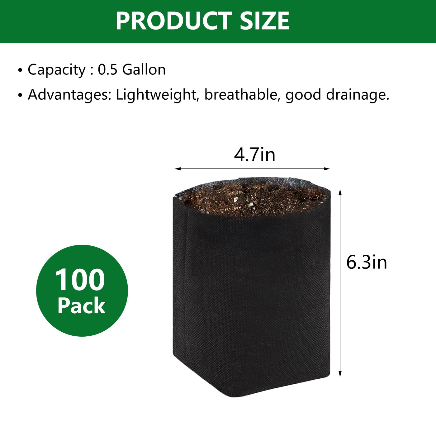 Belit 0.5 Gallon Nursery Growing Bags, 100 Pcs Non-Woven Plant Bag for Gardening, Potato, Flower, Tomato Plant Starts