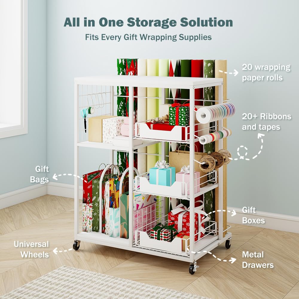 LUCKUP Rolling Wrapping Paper Organizer Cart – Gift Wrap Storage with Wheels, 20 Roll Holders, 3 Drawers & Ribbon Dispenser, Craft Organizer for Christmas, Birthdays, White