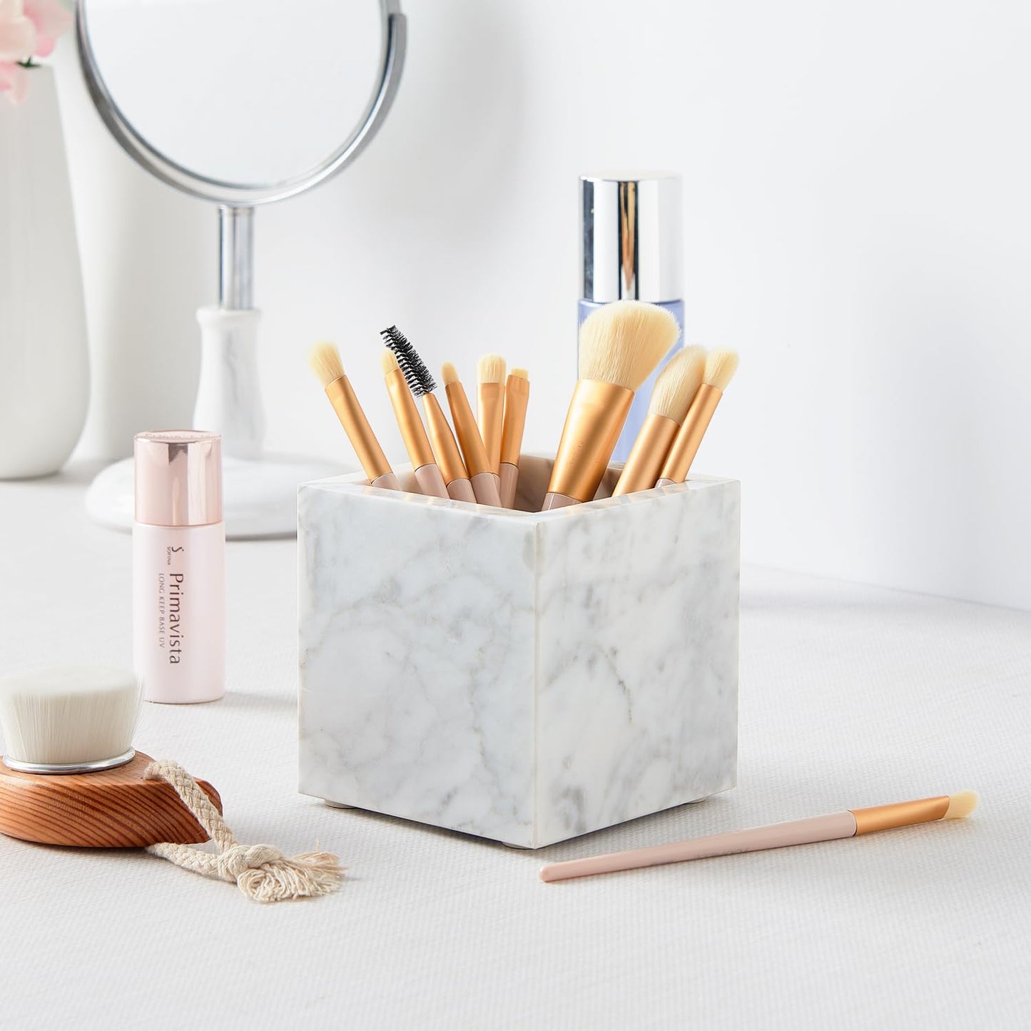 Real Luxurious Natural Marble Toothbrush Holder & Makeup Brush Organizer & Pen Holder for Desk,3.93inch Square Marble Utensil Holder Non-Ceramic/Non-Resin （White）