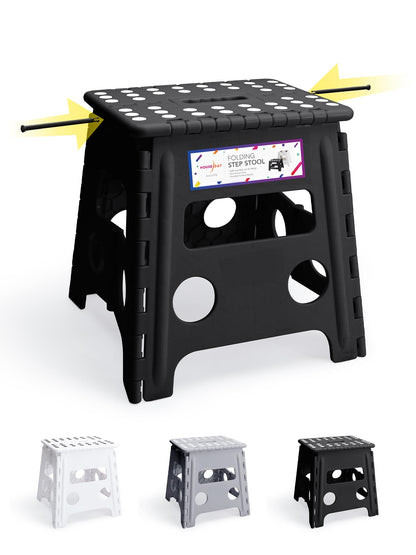HOUSE DAY Folding Step Stool 13 inch(33cm) Height Medium Heavy Duty Foldable Stool for Adults, Large Foldable Step Non-Slip Folding Stools Portable Plastic Collapsible Step for Kids - Black
