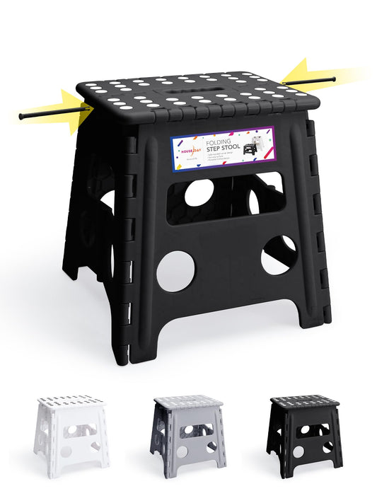 HOUSE DAY Folding Step Stool 13 inch(33cm) Height Medium Heavy Duty Foldable Stool for Adults, Large Foldable Step Non-Slip Folding Stools Portable Plastic Collapsible Step for Kids - Black