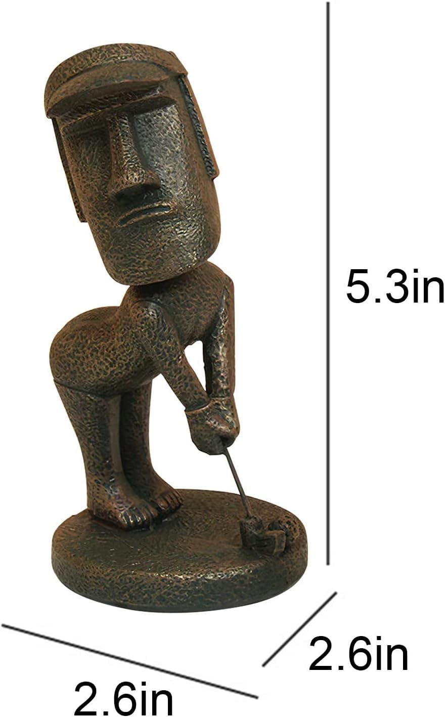 DUPOCHU Moai Statue Decor 6-Inch Easter Island Ornament, Resin Stone Sculpture for Home Shelf Accents, Antique Desktop Decoration Accessories for Office Shelf (Play Golf)