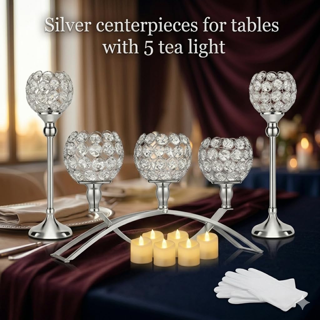 DARCKLE Silver Crystal Candle Holders, Decorative Arch Candelabra Centerpieces for Tables, 3-Arm Candlesticks Holder and 2 Glass Holders, Silver Table Decor for Wedding, Party, Anniversary