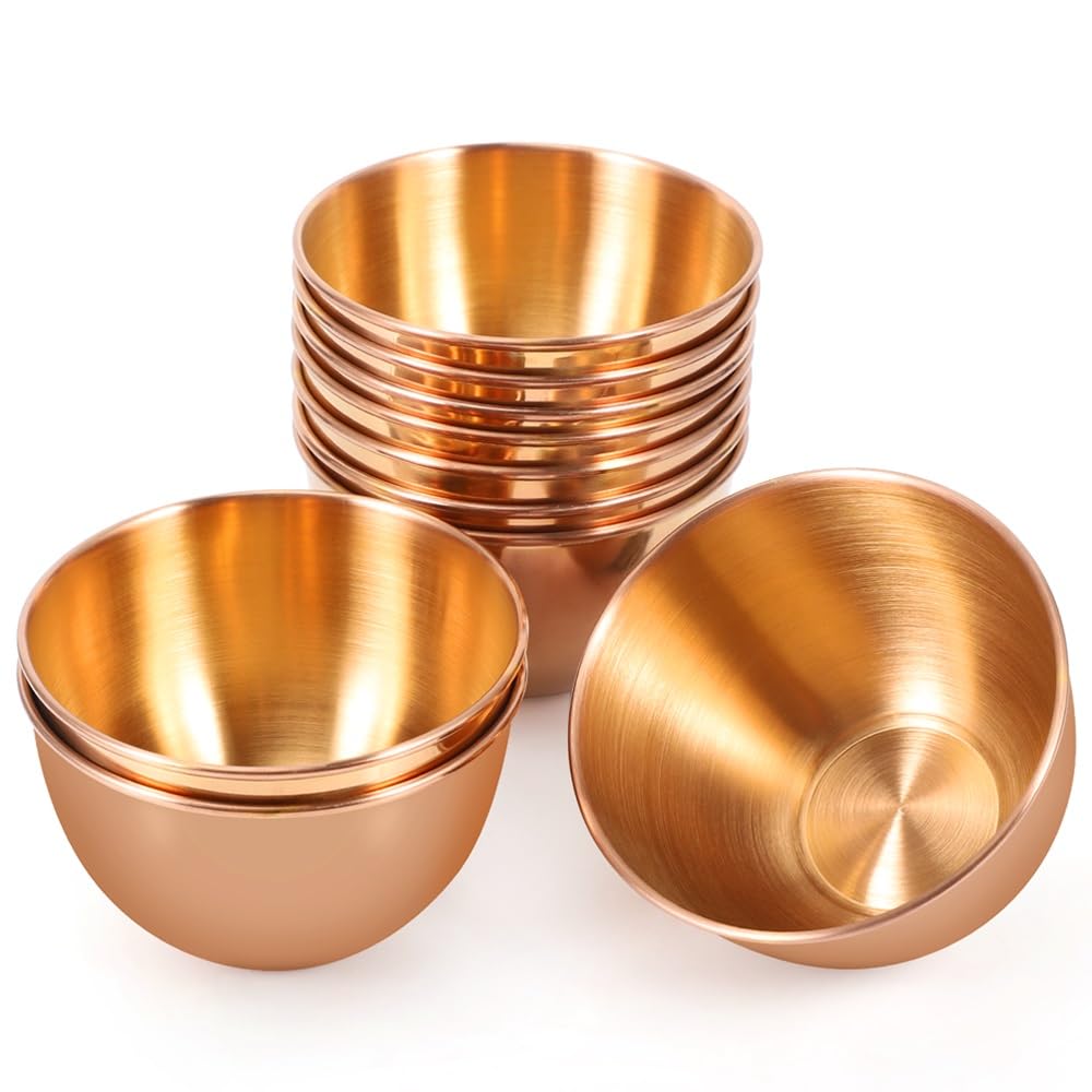 Amytalk 10 Pack 3.3inch Stainless Steel Sauce Dishes Mini Individual Saucers Bowl Round Seasoning Dishes Sushi Dipping Bowl Appetizer Plates, Champagne Gold