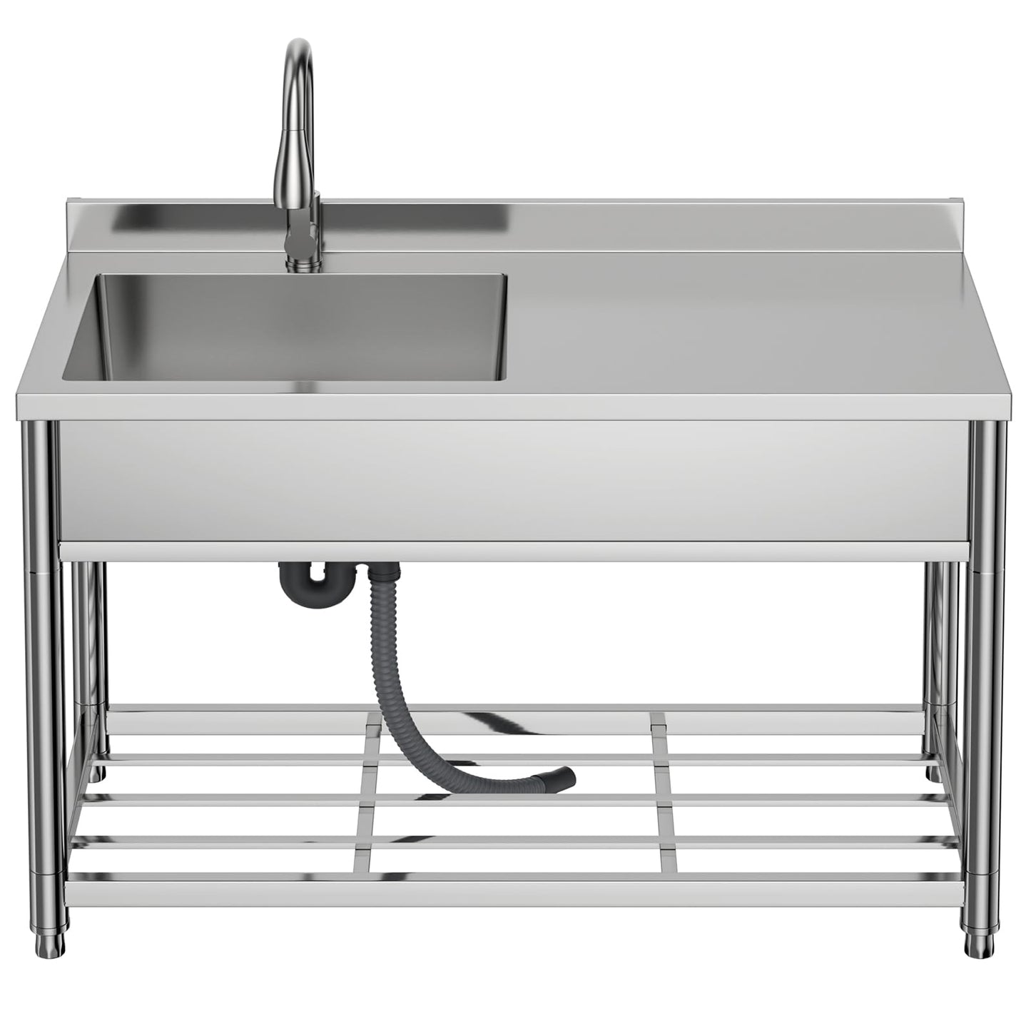 GGW Commercial Sink with Drainboard, Stainless Steel Utility Sink with Pull-out Faucet, Free Standing Single Bowl Kitchen Sink with Workbench for Restaurant, Garage, Outoor, 21.7"D x 47.2"W x 37"H