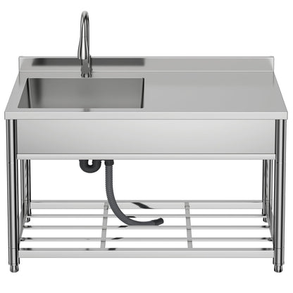 GGW Commercial Sink with Drainboard, Stainless Steel Utility Sink with Pull-out Faucet, Free Standing Single Bowl Kitchen Sink with Workbench for Restaurant, Garage, Outoor, 21.7"D x 47.2"W x 37"H