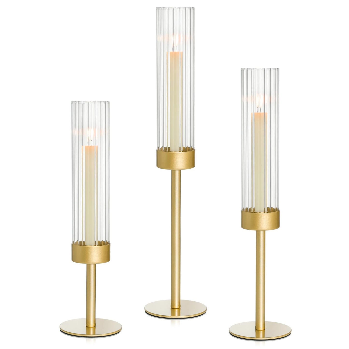 Turvono Gold Hurricane Candle Holders Set of 3, Brass Taper Candle Holders for Candlesticks, Elegant Tall Candle Sticks Holder Decor for Table Centerpiece, Wedding & Christmas Decorations