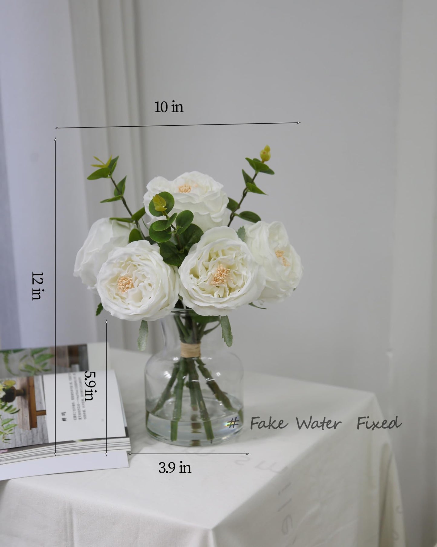 Bucoke Artificial Flowers in vase, Vivid Faux Rose Flowers Arrangements, Austin Rose Centerpieces for Tables, Flower Ornaments and Flower Arts for Living Room (White)