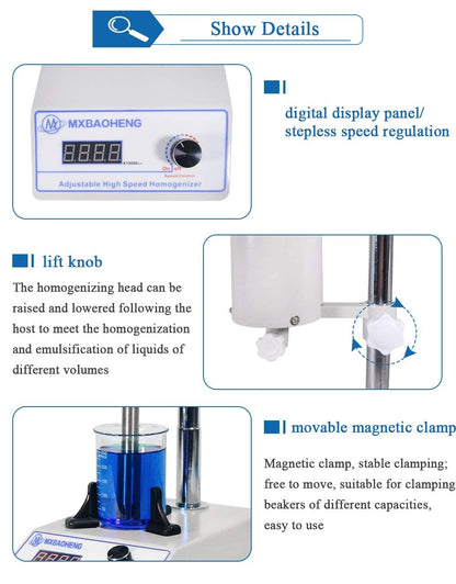 MXBAOHENG High Speed Homogenizer Lab Disperser Emulsifier 5~1000ml Speed Adjustable 6000~22000rpm w/ 2 Working Heads (110V)