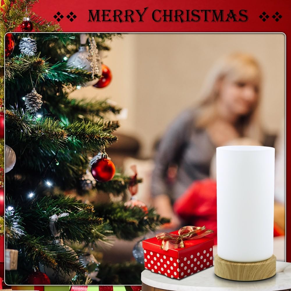 HSLighting Bedside Lamps, Touch Control Glass Table Lamp 3-Way Dimmable Wooden Grained Base Small Touch Lamps Bedside Minimalist Nightstand for Living Room Bedroom Children Room Decor with LED Bulb