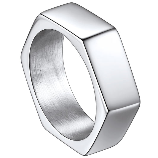 ChainsHouse Men's Punk Stainless Steel Gothic Screw Edge Hexagon Geometric Biker Ring Bands, Size 12