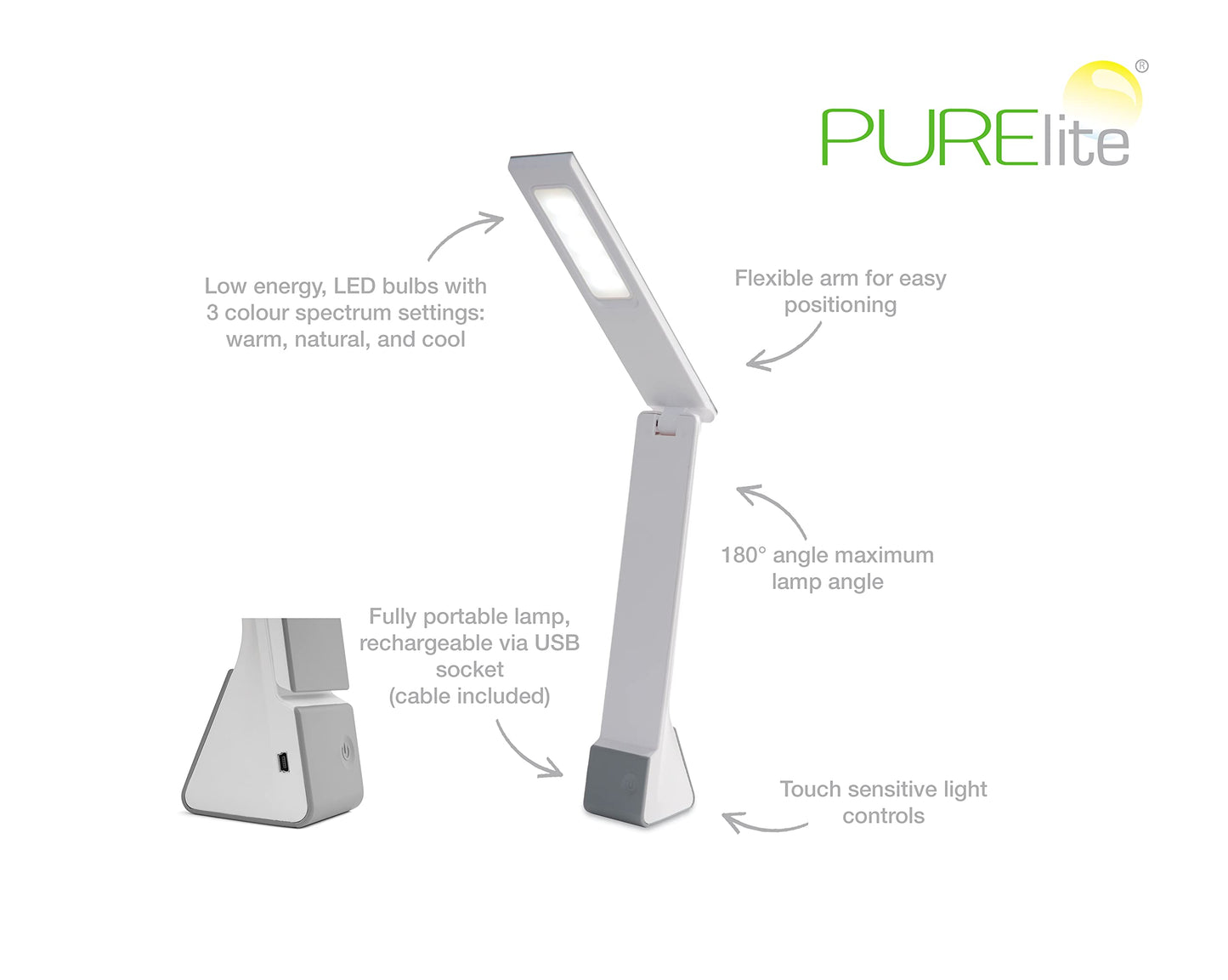 PURElite LED Rechargeable Flip Light – Table Lamp & Desk Lamp, 3 Brightness Setting, Natural LED Daylight Bulbs for Reading, Needlework, Sewing, Crafting, Battery Powered