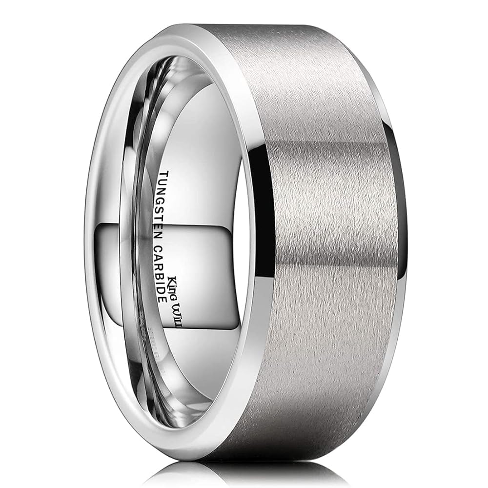 King Will Silver 9mm Men's Wedding Ring - Brushed Matte Finish, Beveled Polished Edge, Comfort Fit Size 14