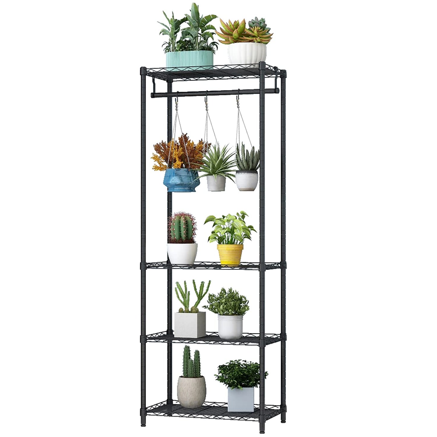 Xiofio 4-Tier Plant Shelf for Indoor Plants Outdoor, Large Multiple Flower Pot Holder Rack，Hanging Plant Stand 6pcs Hooks ,Adjustable Plant Stand Suitable for Bedroom Living Room Balcony Garden,Black