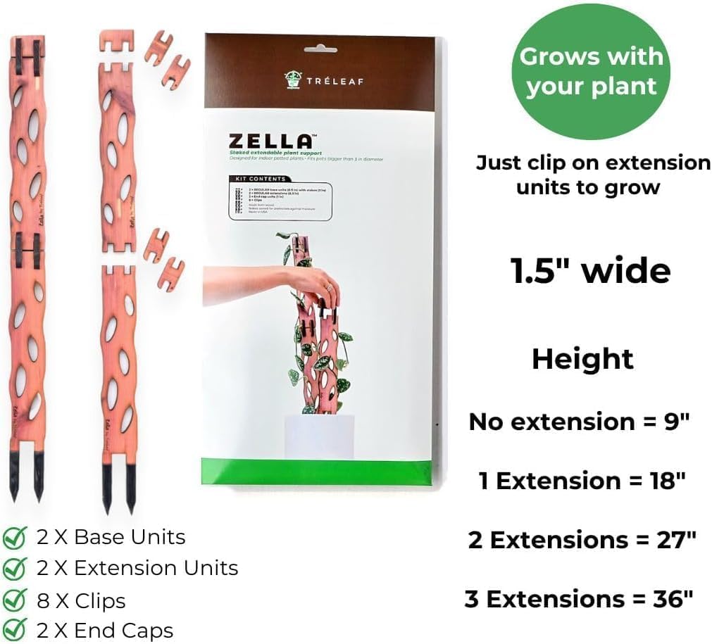 Treleaf Zella Regular Starter Kit – Wooden Extendable Plant Trellis for Indoor Climbing Houseplants – Modular Plant Support with 2 Bases + 2 Extensions - Moss Pole Alternative