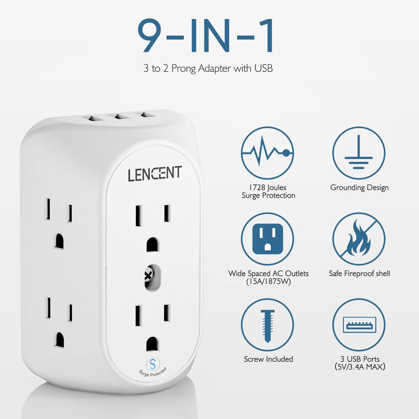 LENCENT 2 Prong Power Strip, 3 to 2 Prong Grounding Outlet Adapter 6 Outlet 1 Type C&2 USB 3.4A, Polarized Plug, 1728J Surge Protector, 3-Sided Wide Spaced Extender,Wall Mount for Non-Grounded Outlet