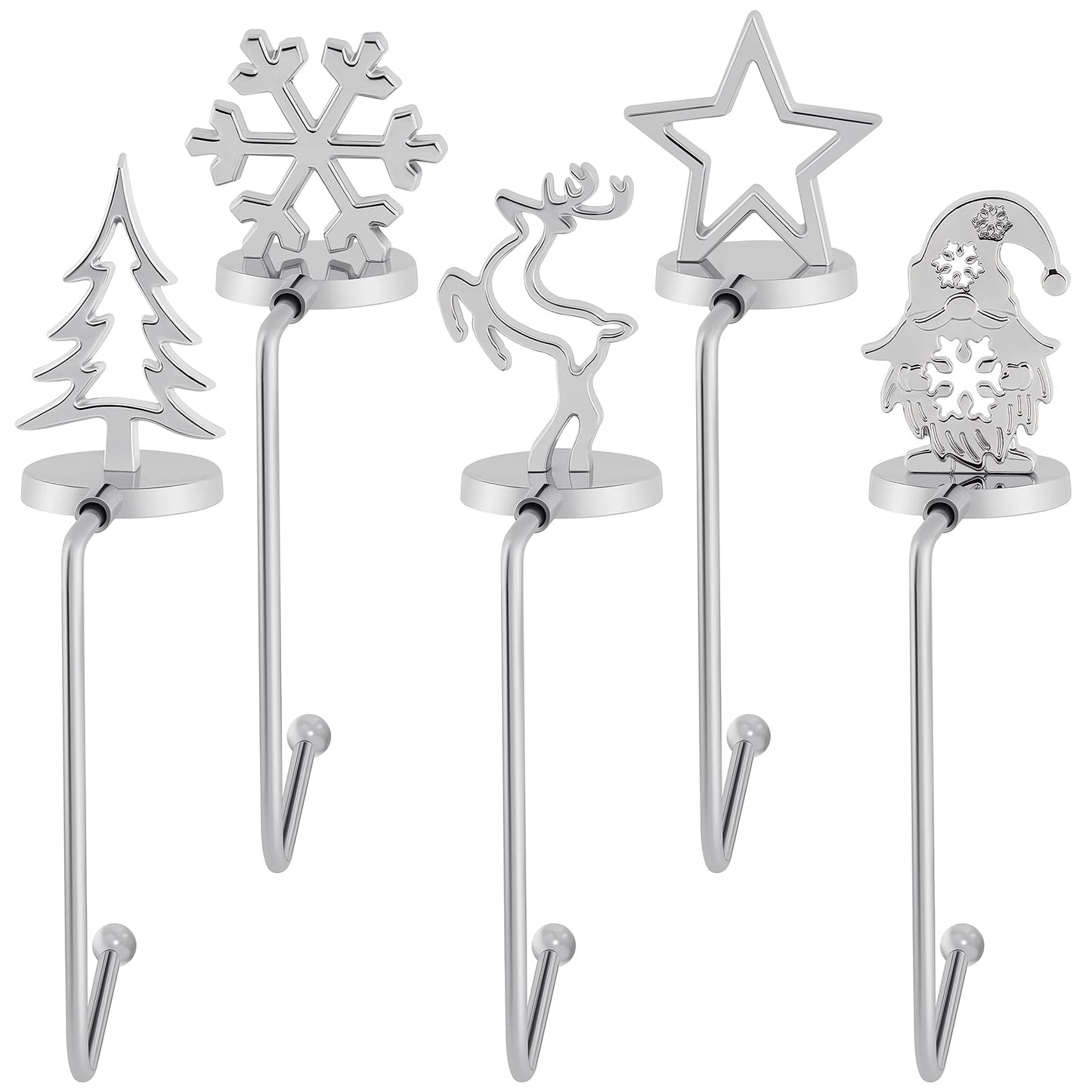 URATOT Pack of 5 Christmas Stocking Holders Mantel Stocking Hangers Fireplace Stocking Hooks in 5 Designs for Christmas Decoration, Silver