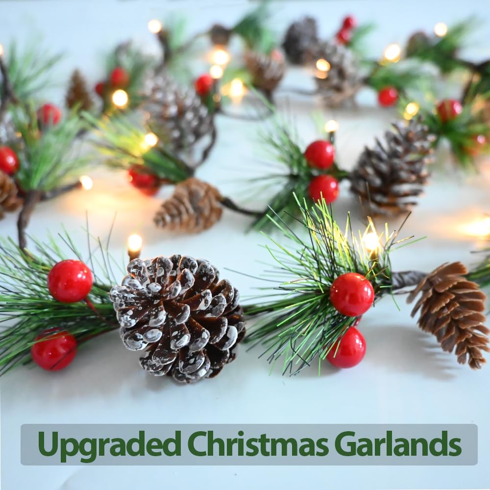 HamiFinee Christmas Garland Lights 6.56FT Holiday Prelit Garlands Pine Cone Garland with Red Berry Upgraded Battery Operated Garland with LED Lights Xmas Decor Lights for Outdoor Indoor Christmas