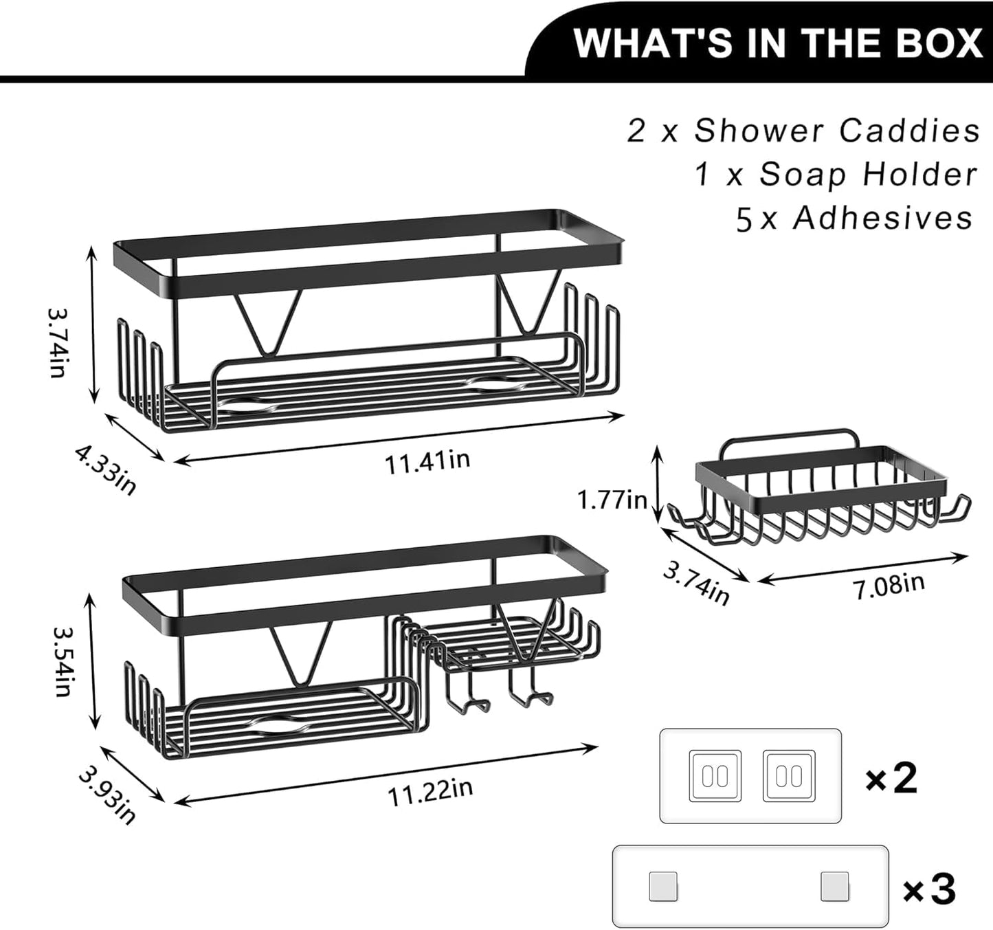 Kegii Shower Caddy, Bathroom Shelf Organiser No Drilling, Adhesive Shower Storage Rack with Soap Razor Holder, Bathroom Accessories, Black, 3 Pack