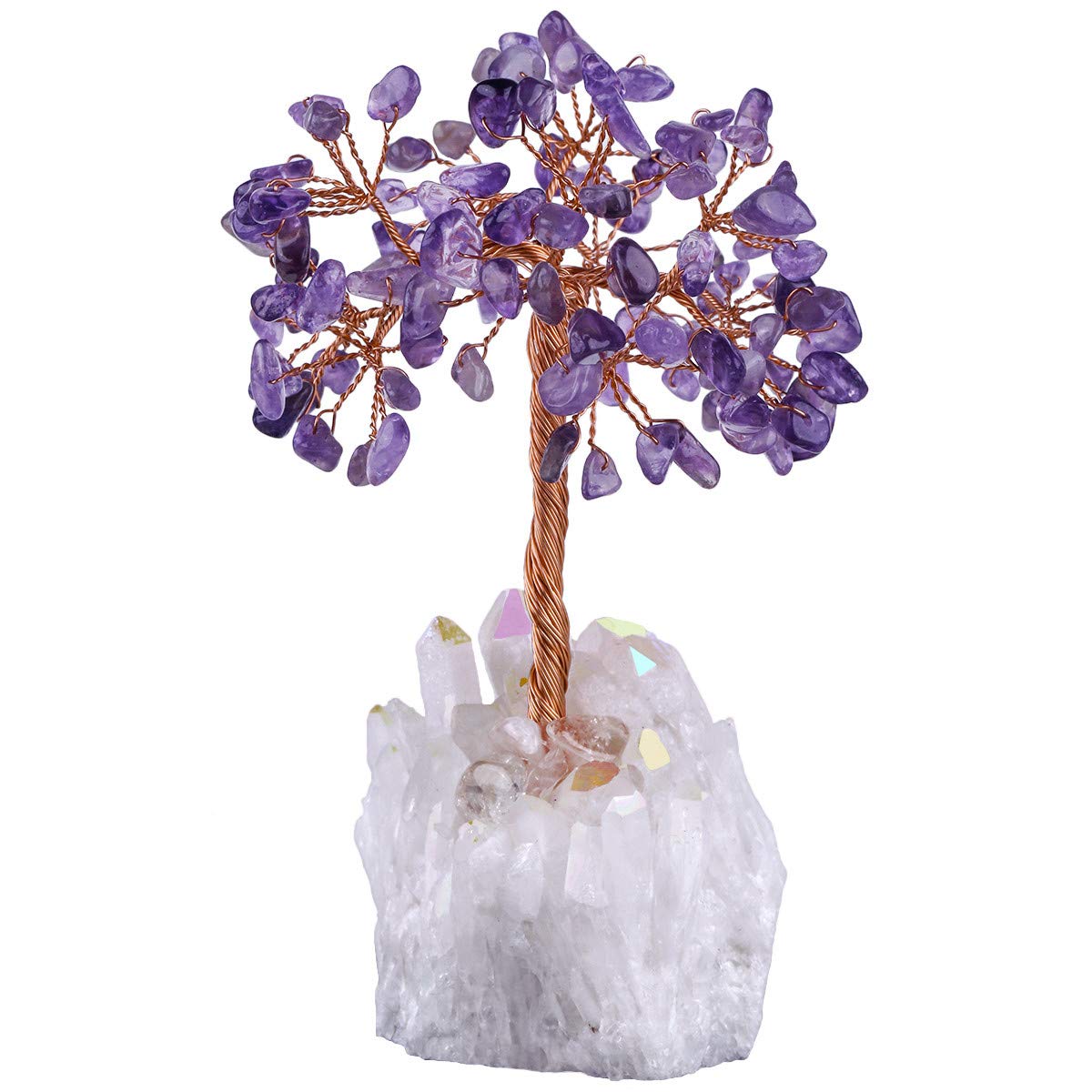 TUMBEELLUWA Healing Crystal Stone Money Tree with White AB Crystal Base Tumbled Stones Bonsai Home & Office Feng Shui Decor for Good Luck and Wealth, Amethyst