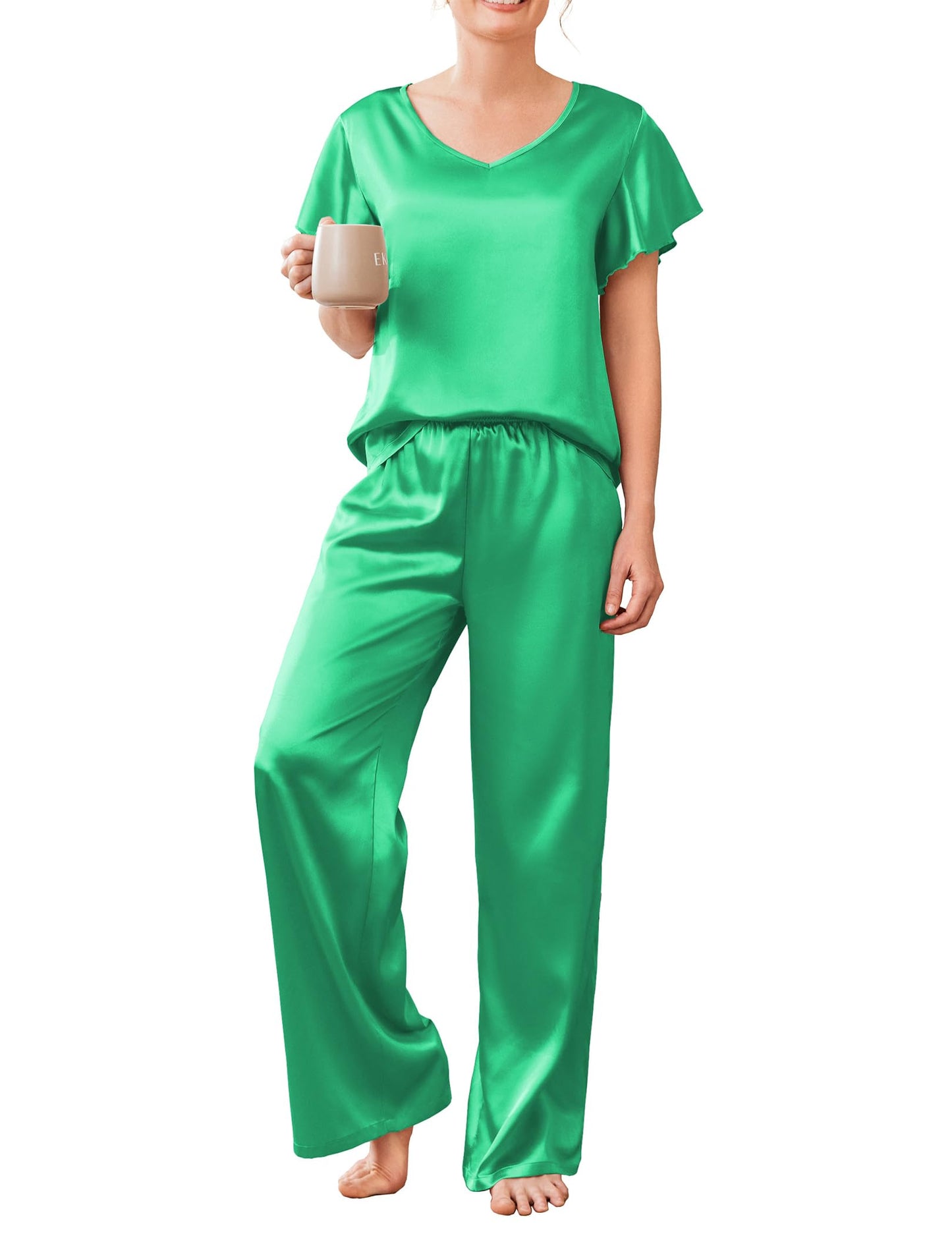 Ekouaer Women's Satin Silky Pajama Set 2 Piece Short Sleeve Shirt with Long Pants Pjs Sets Soft PJ Loungewear S-XXL