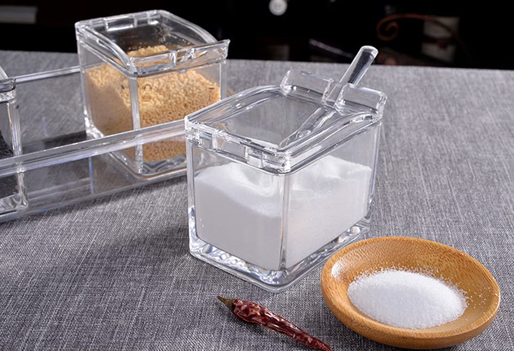 LOYUYU Seasoning Box, Seasoning Rack Spice Pots, Storage Container Condiment Jars, 4 Piece Clear Acrylic Cruet with Cover and Spoon Transparent