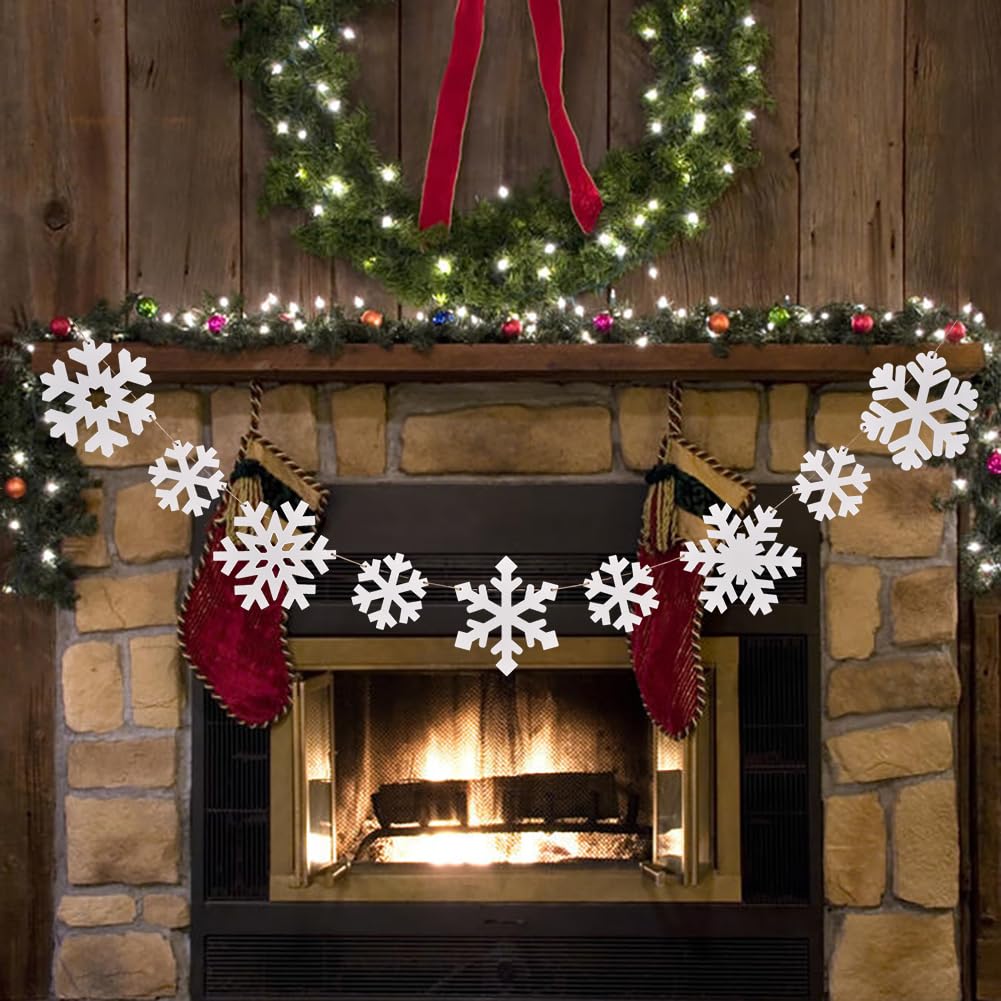 Wooden Christmas Snowflakes Ornaments, 9PCs White Snowflake Chain Hanging Ornament for Mantlepiece Window Front Door, Rustic Snowflake Embellishments Christmas Tree Decorations (white)