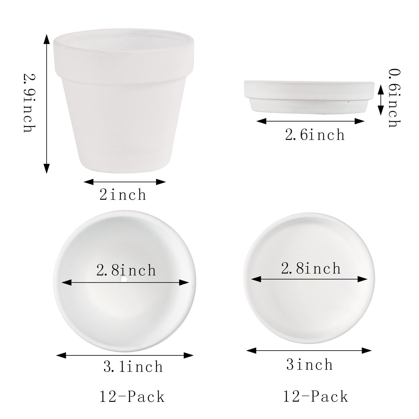 Fcacti 3 Inches Small White Terracotta Pots with Saucer, 12 Pack 3 Terra Cotta Planter with Drainage Holes, Small Clay Flower Pots for Plants, Succulents, Crafts, Wedding Favor