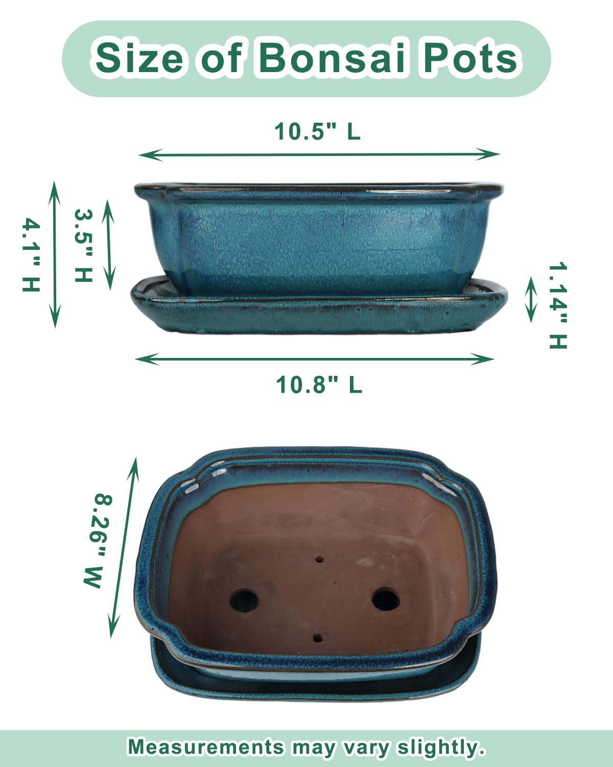 vensovo Ceramic Bonsai Pots with Drainage Hole and Saucer - 10.5 Inch Rectangular Glazed Shallow Planter for Bonsai Trees and Succulents(Blue)