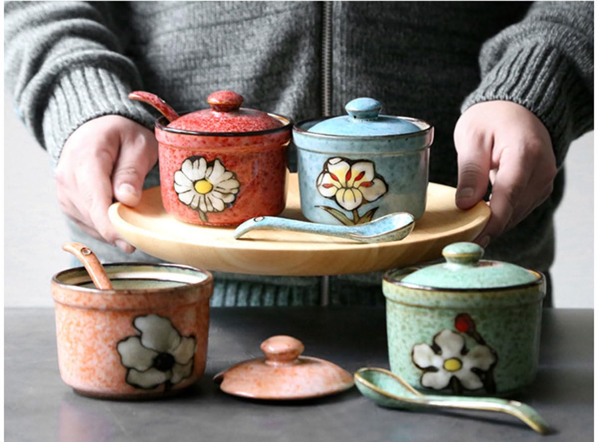 Soyestan Handmade Ceramic Sugar Bowl with Lid and Spoon, 9oz Porcelain Condiment Jar with Hand-Painted Floral Design, Colorful Seasoning Container for Sugar, Salt, Spices Kitchen (Blue)