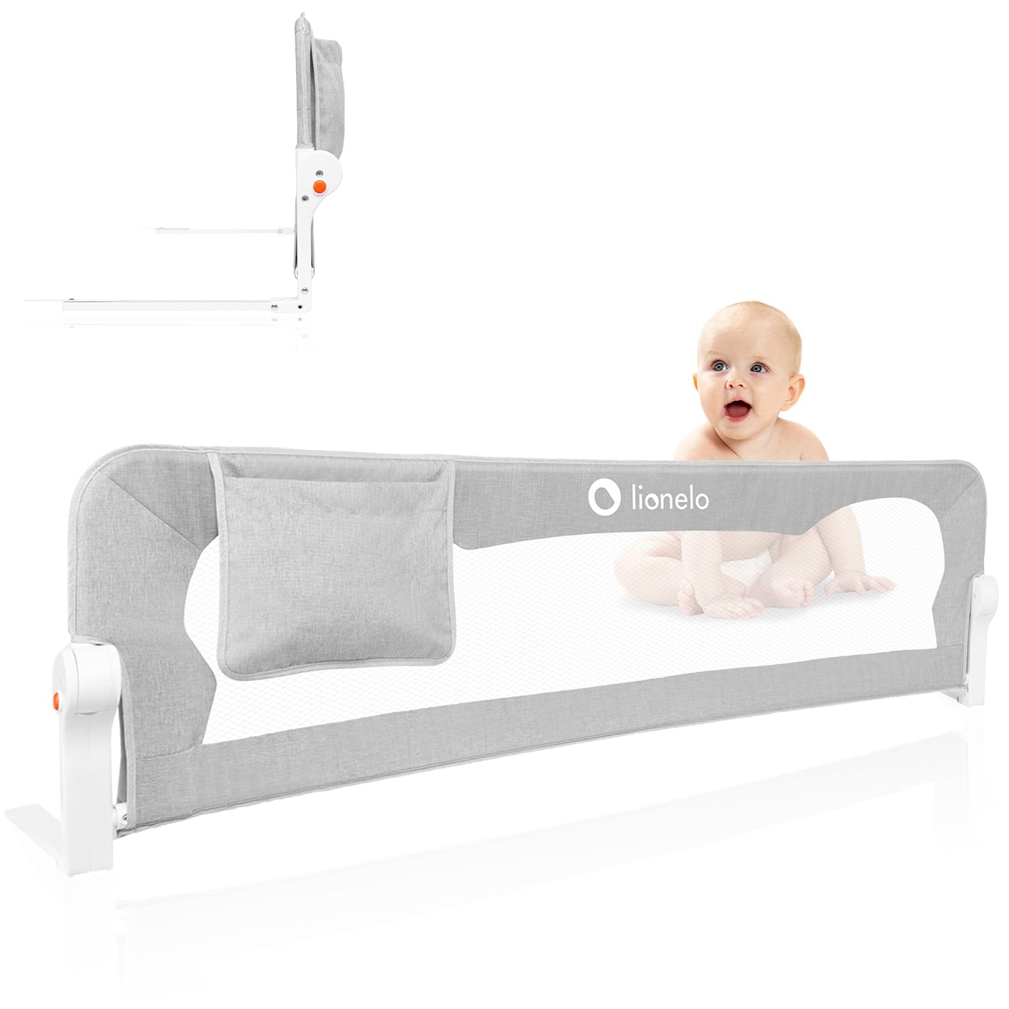 lionelo EVA Bed Rail Guard 150Lx42H cm Foldable 180° with tilt adjustment, Mesh Fabric, SecureBelt Straps Safety Barrier for Toddlers bed with Safe Lock, Storage Pocket, Durable Frame, Easy to Install