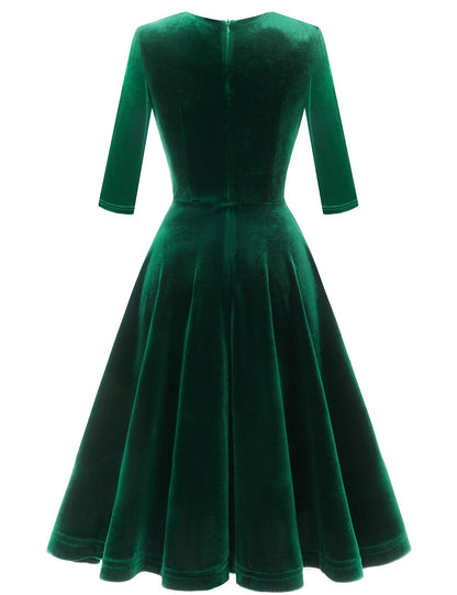 Bbonlinedress Women Long Sleeve Velvet Formal Vintage Cocktail Party Winter Christmas Wedding Guest Dress V-Dark Green XL