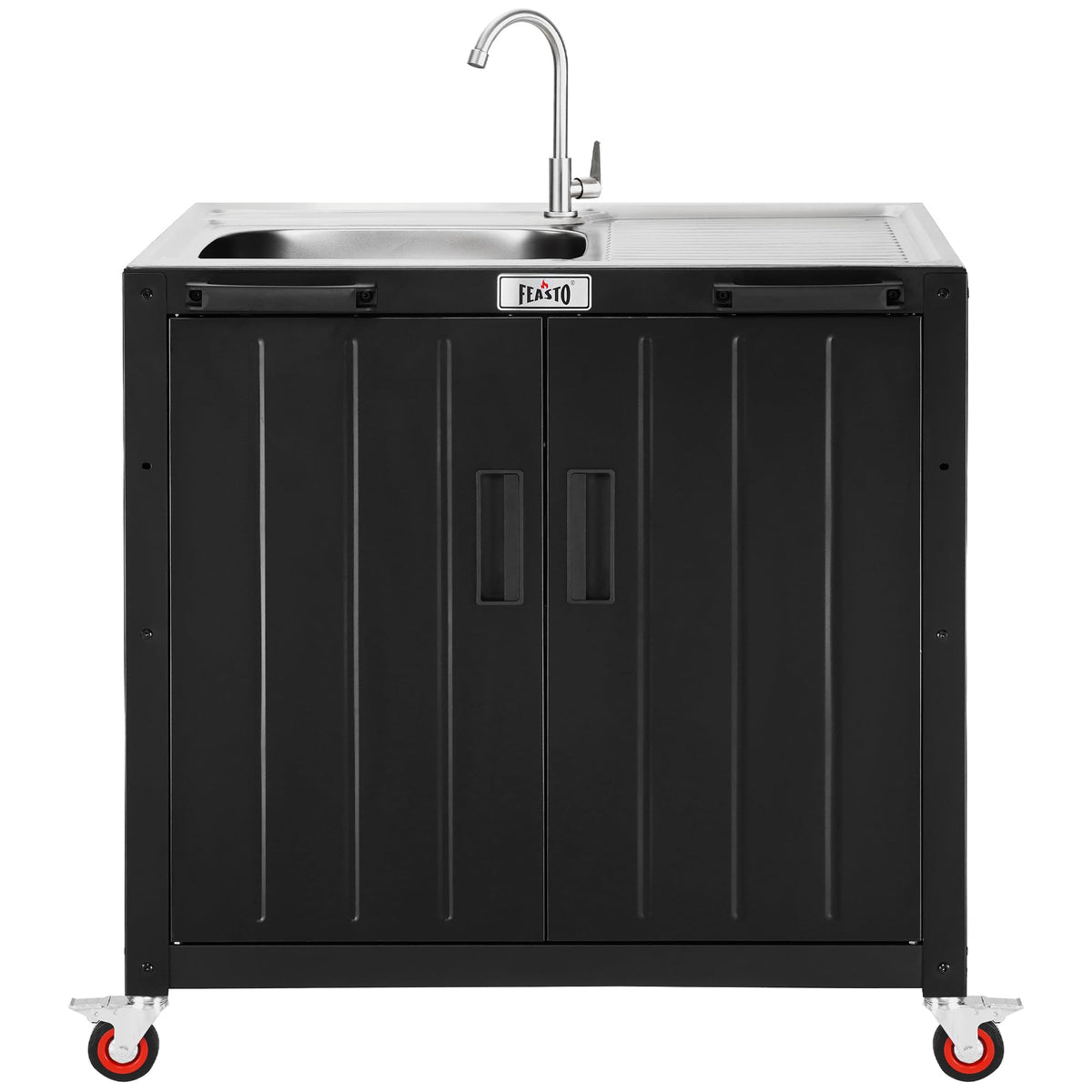 Feasto Outdoor Kitchen Island with Stainless Steel Sink and Storage Cabinet, 35-Inch BBQ Prep Station with Faucet & Lockable Wheels for Patio, Backyard, and Outdoor Cooking, Black & Silver