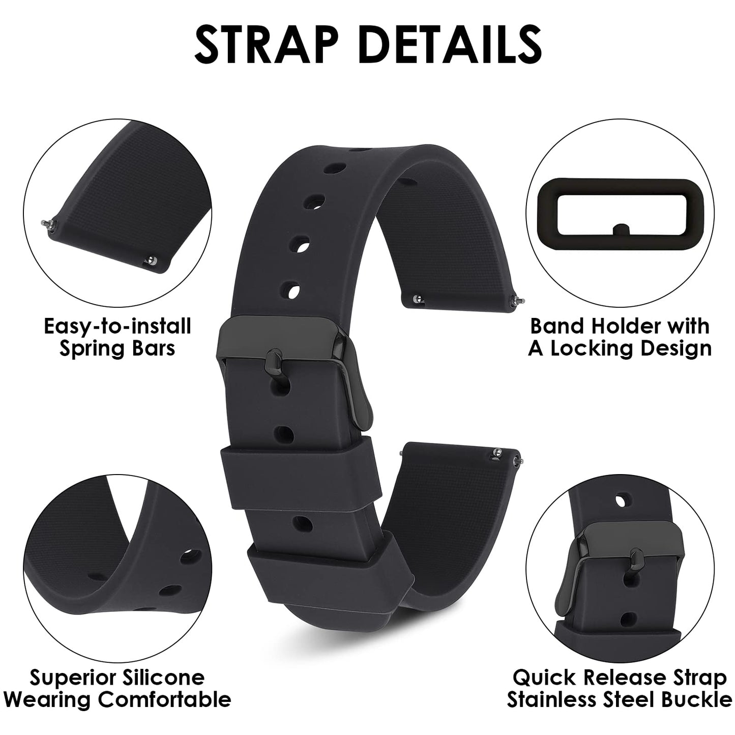 Cobee Silicone Watch Bands, Quick Release Waterproof Soft Rubber Replacement Straps with Black Plated Stainless Steel Buckle Smart Watch Straps Sport Watchbands Wrist Straps for Men Women(20mm-Black)