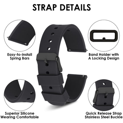 Cobee Silicone Watch Bands, Quick Release Waterproof Soft Rubber Replacement Straps with Black Plated Stainless Steel Buckle Smart Watch Straps Sport Watchbands Wrist Straps for Men Women(20mm-Black)